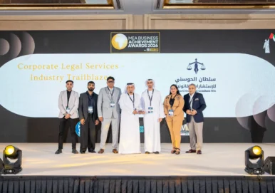 MEA Business Achievement Awards 2026 - Sultan Al Hosani Sultan Al Hosani Legal Consultants Firm receiving the Corporate Legal Services Industry Trailblazer award at the MEA Business Achievement Awards 2026