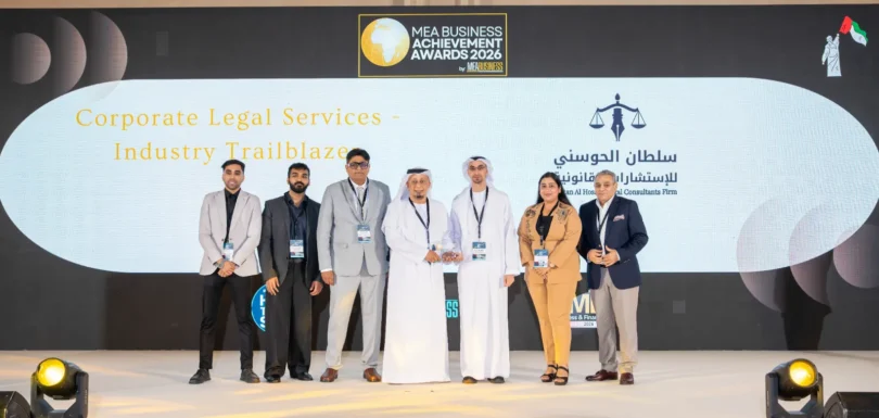 Sultan Al Hosani Legal Consultants Firm receiving the Corporate Legal Services Industry Trailblazer award at the MEA Business Achievement Awards 2026